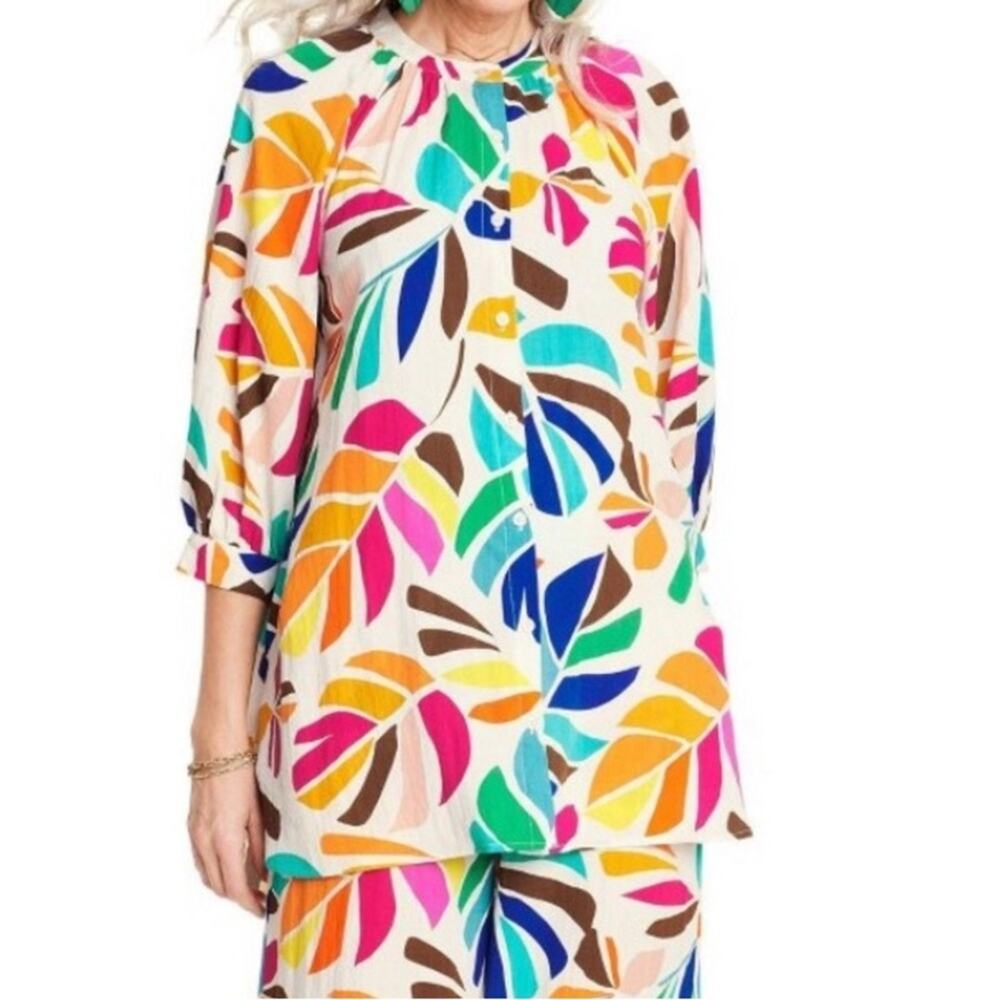 Tabitha Brown Tunic Top Cover Up Size XS Multicolored Print Button Front